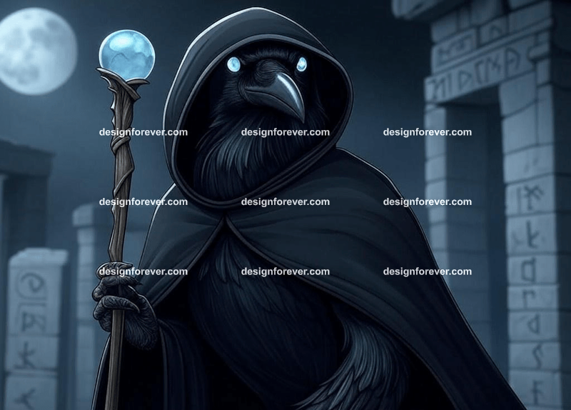 raven with ancient runes
