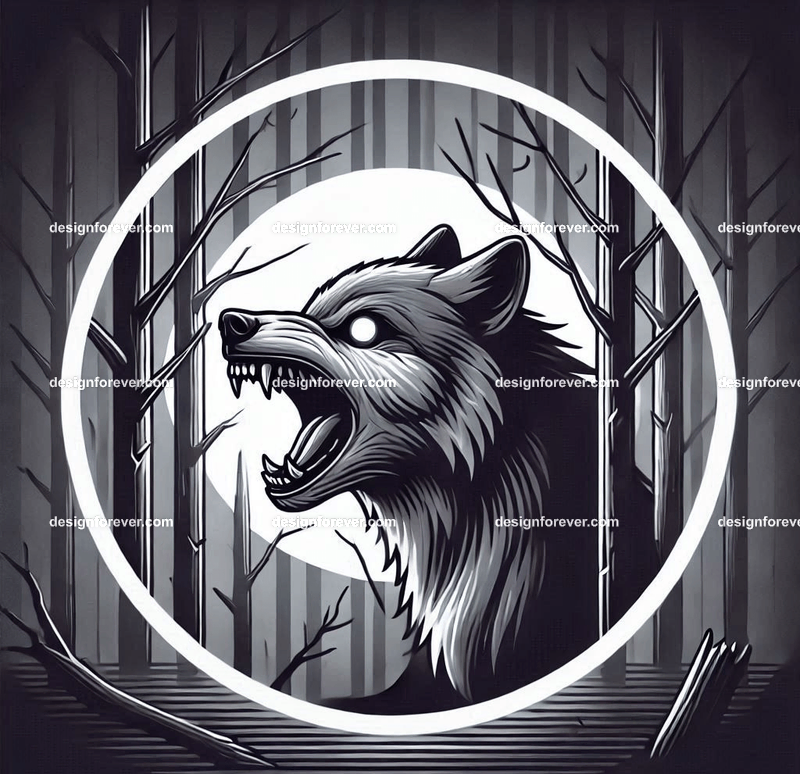 A wolf baring its teeth in a creepy forest with dead trees, barely visible except for its bright eye enclosed within perfect circle