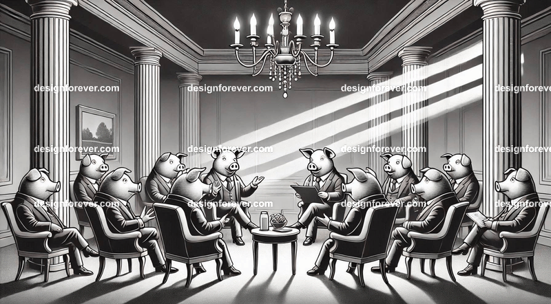 Personified pigs debating politics in a lavish setting