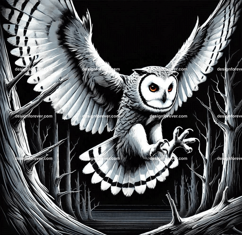 owl swooping down for prety in creepy dark woods with dead trees