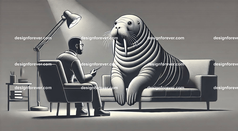 Anthropomorphs walruses as psychiatrist talking to patient on couch