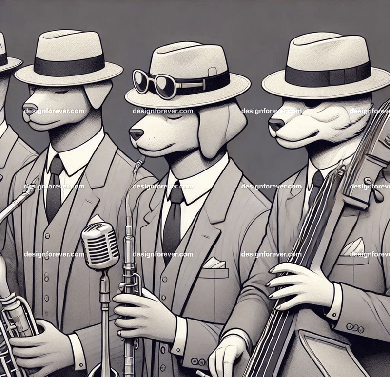 Anthropomorphs as 1920s jazz musicians with suits, fedoras, and instruments