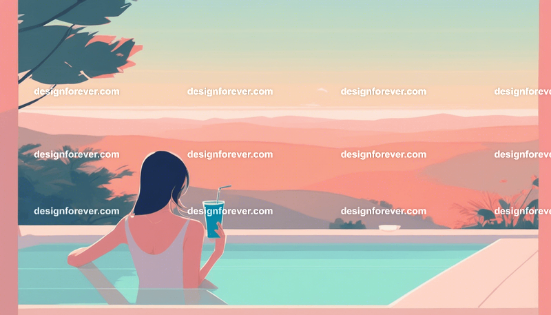 young woman relaxing next to pool with drink