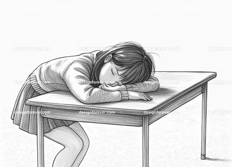 girl falling asleep in her class with head on table