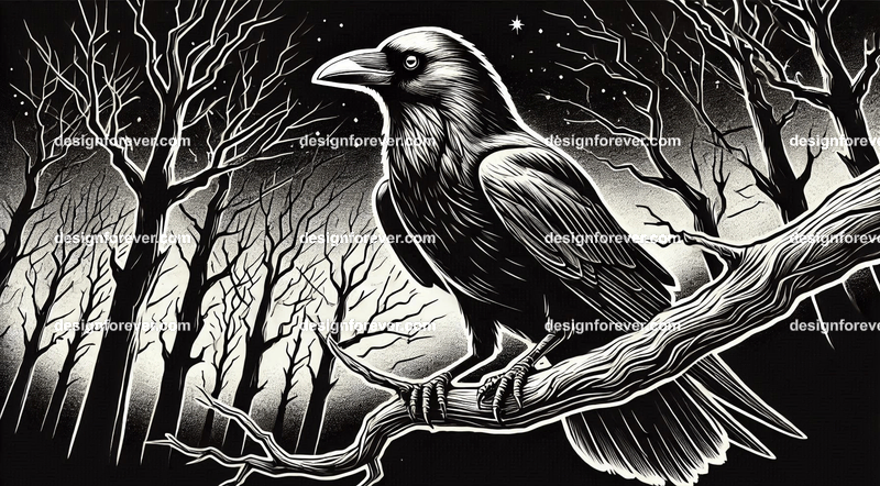 crow on a dead branch in creepy dark woods with dead trees