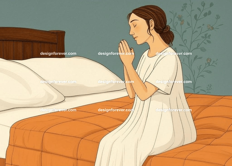 woman praying next to bed