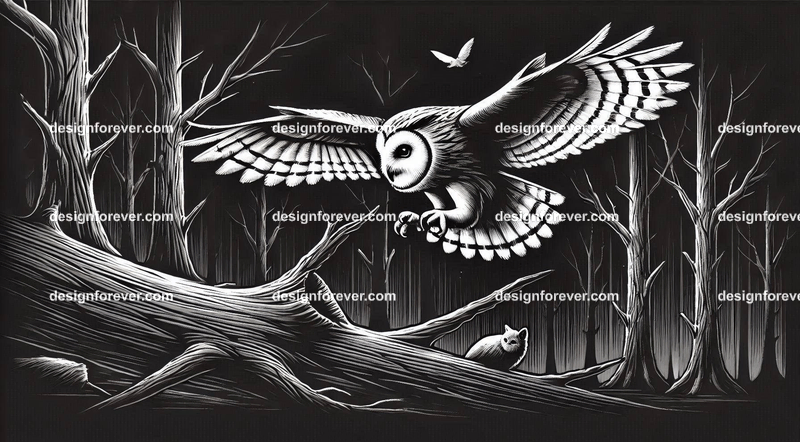 owl swooping down for prety in creepy dark woods with dead trees