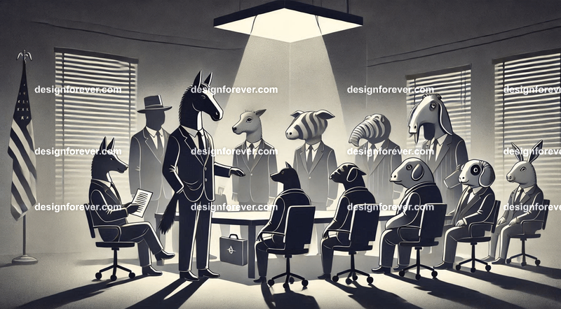 Anthropomorphs animal farm animals as senators in congressmen in dark smoky room insider trading with businessmen