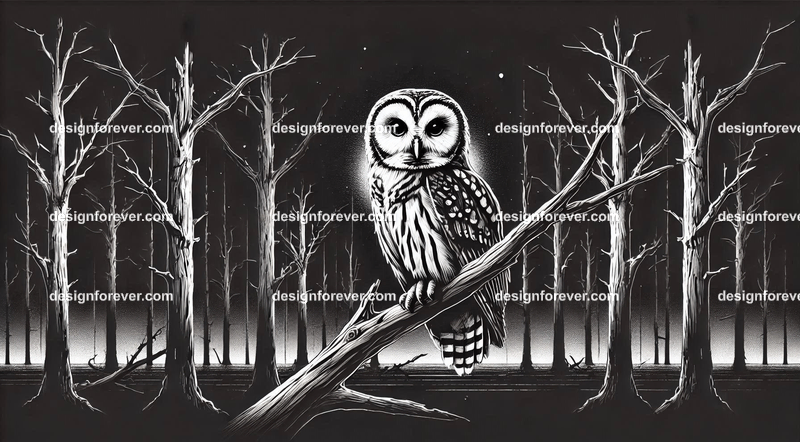 owl on a dead branch in creepy dark woods with dead trees