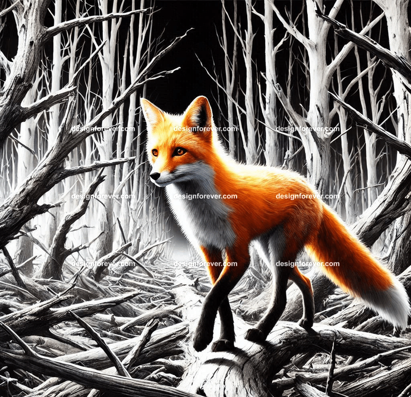 A fox navigating a creep black and white forest and dead trees