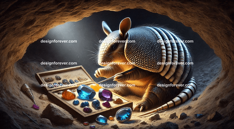 An armadillo meticulously crafting glowing gemstone jewelry in a cozy underground burrow