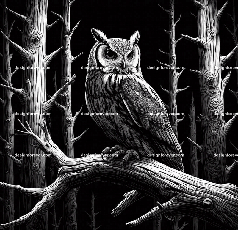 owl on a dead branch in creepy dark woods with dead trees