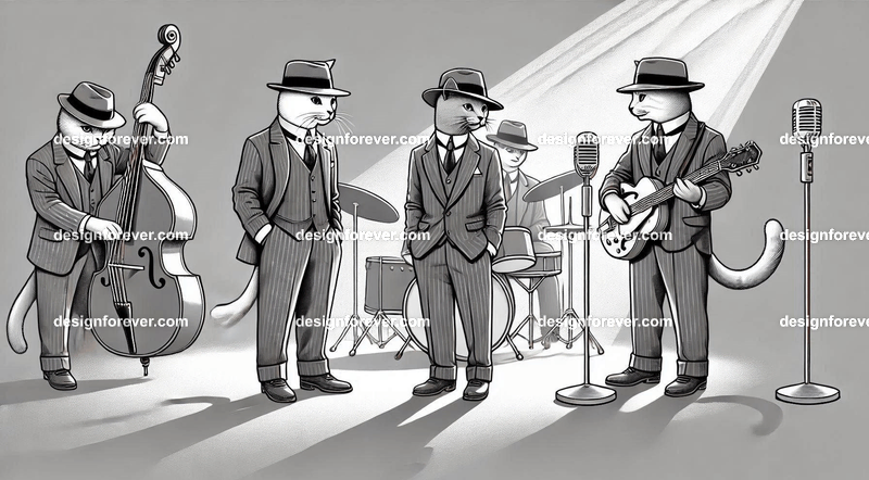 Anthropomorphs as 1920s jazz musicians with suits, fedoras, and instruments