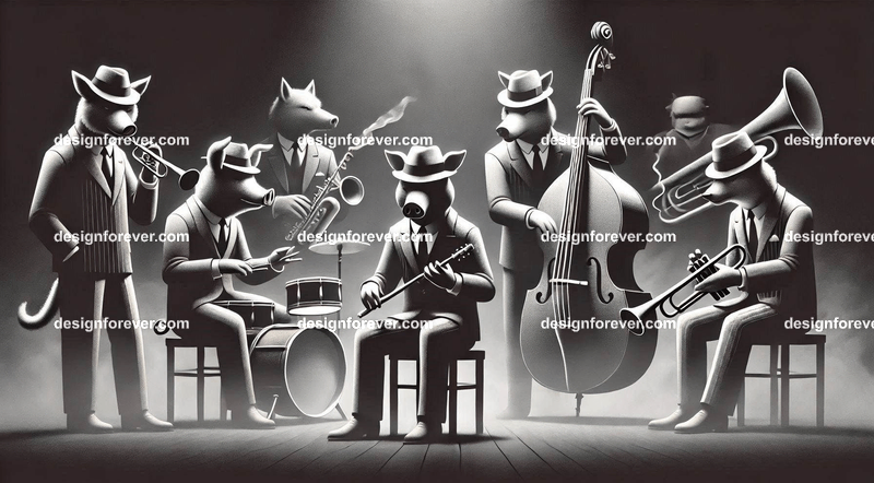 Anthropomorphs pigs and wolves and lions as 1920s jazz musicians with suits, fedoras, and instruments in dark smoky room