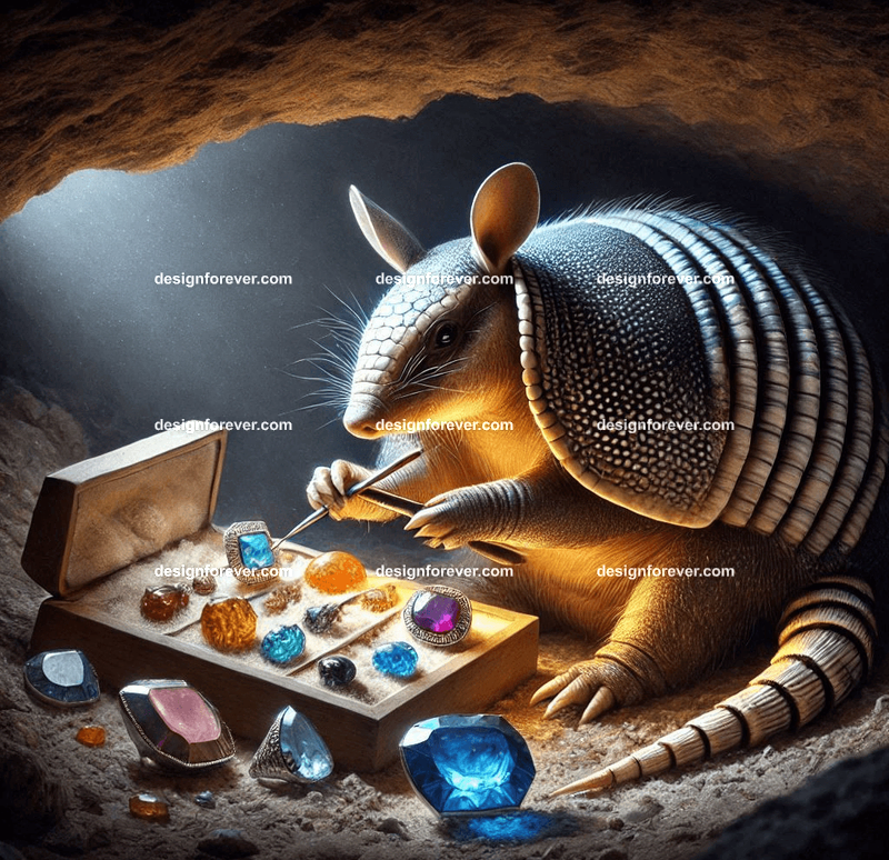 An armadillo meticulously crafting glowing gemstone jewelry in a cozy underground burrow