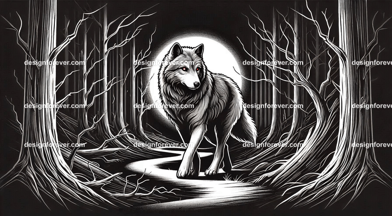 a wolf walking on a windy path in creepy dark woods with dead trees