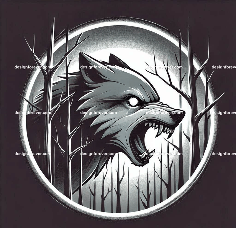 A wolf baring its teeth in a creepy forest with dead trees, barely visible except for its bright eye masked within perfect circle