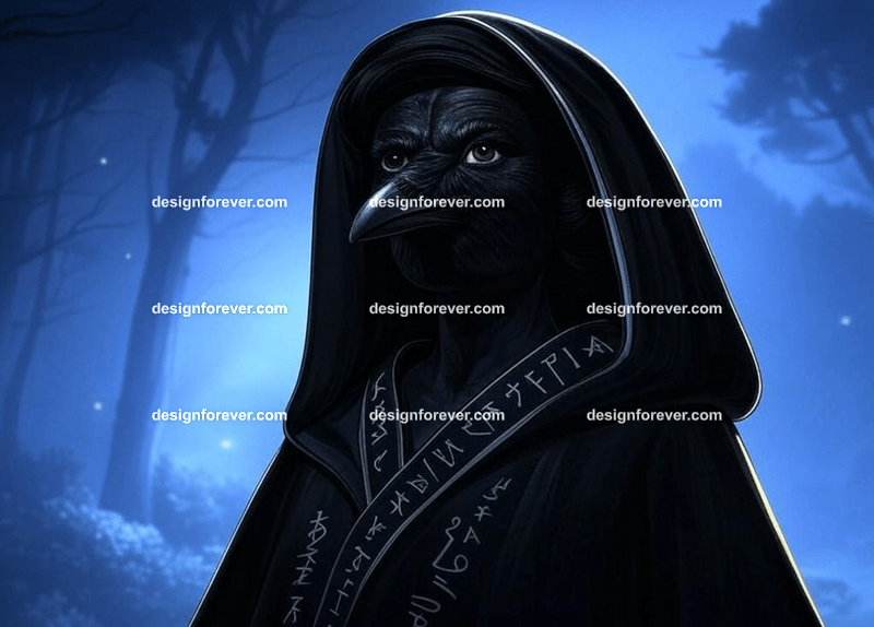 beautiful woman but with raven skin instead of human skin wearing black robe of magician with runes