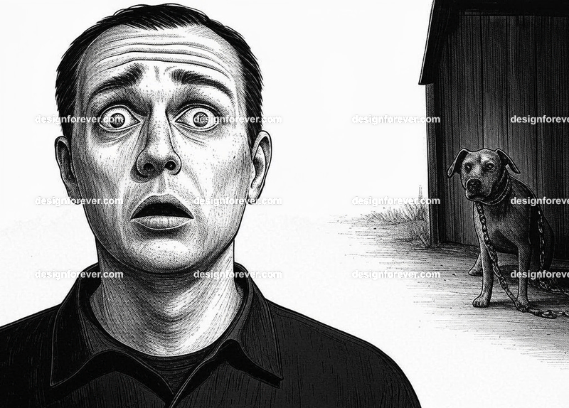 man looks completely scared and shocked to see a dog in chains inside neighbor's shed