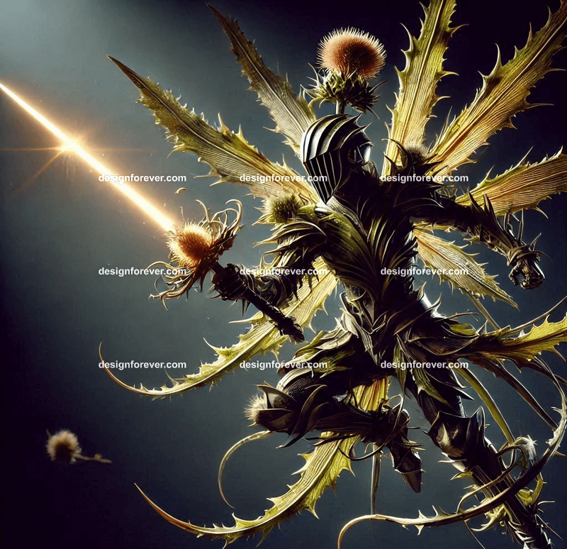 A fairy warrior clad in armor made of thistle leaves, wielding a glowing sword shaped like a thorn