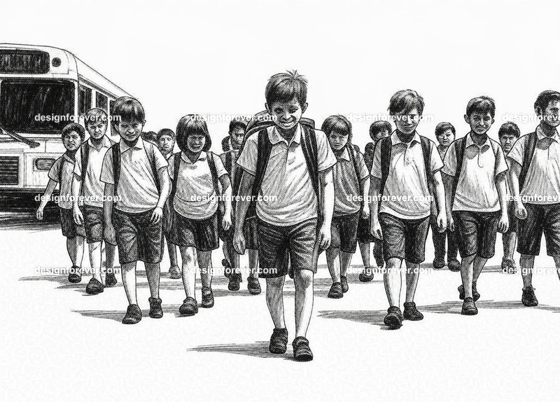 school kids with big backpacks walking home from school bus