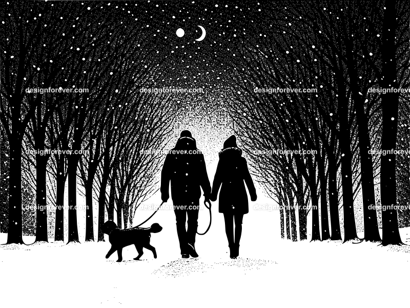 couple walking dog in winter