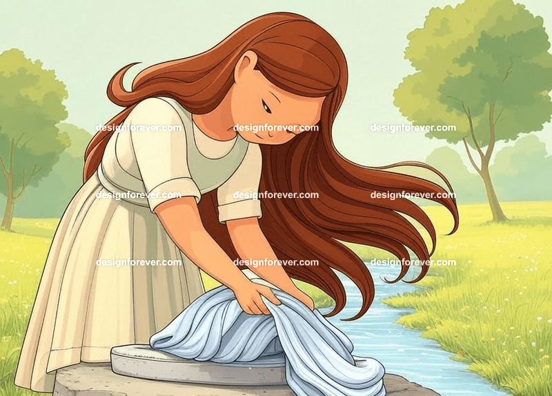girl washing clothes in countryside