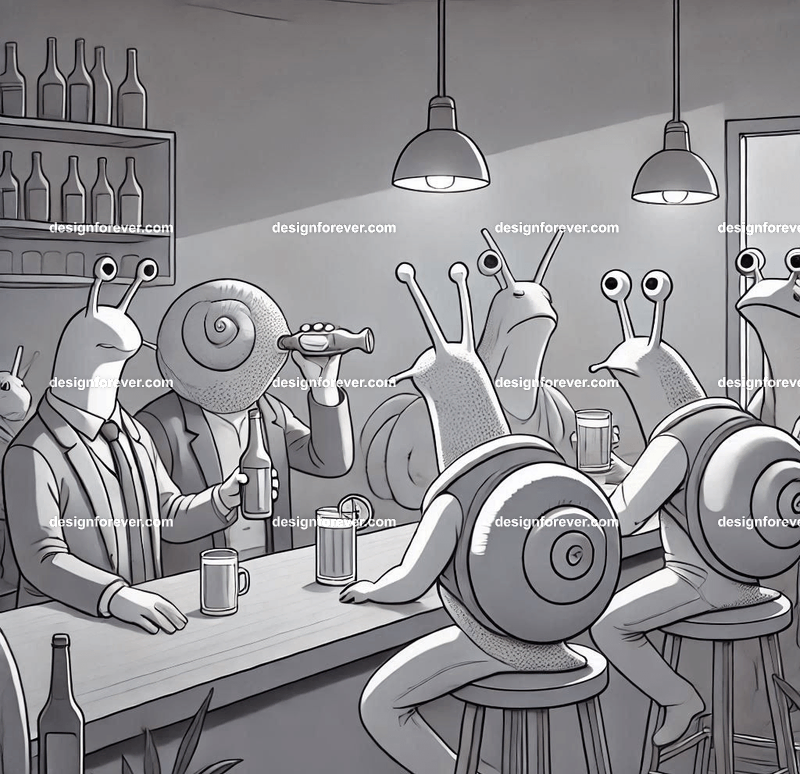 Anthropomorphs snails and frogs at bar
