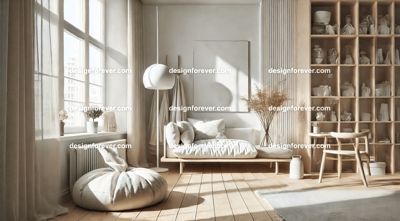 A minimalist Scandinavian interior with light wood textures, clean furniture, and a soothing palette of whites and grays