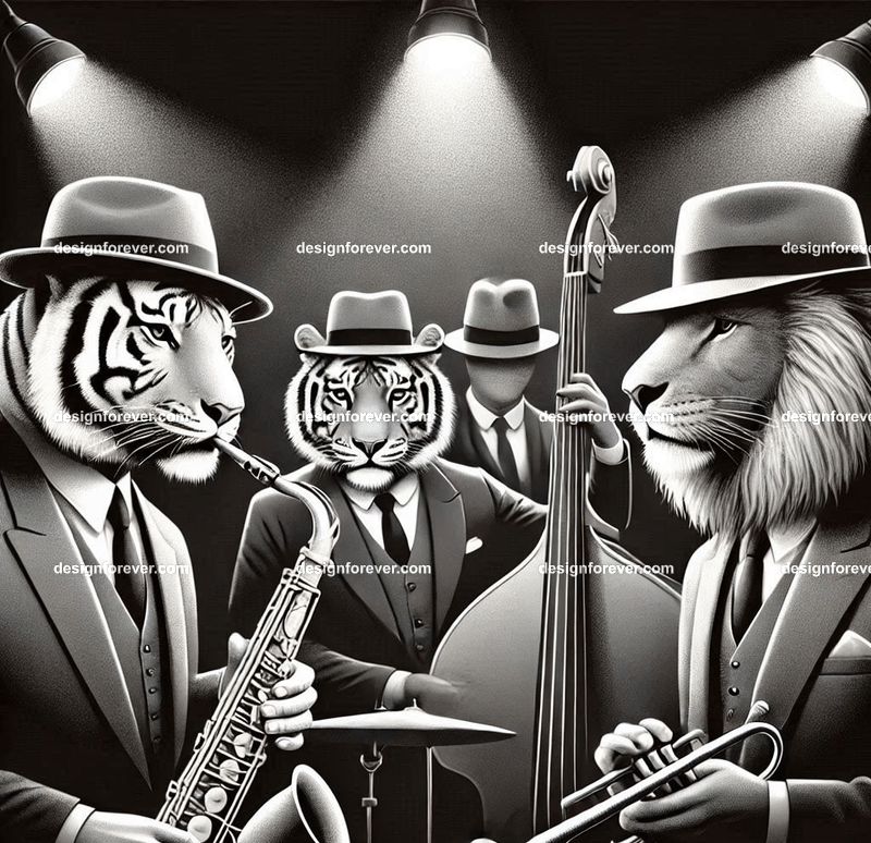 Anthropomorphs tigers and lions as 1920s jazz musicians with suits, fedoras, and instruments in dark smoky room