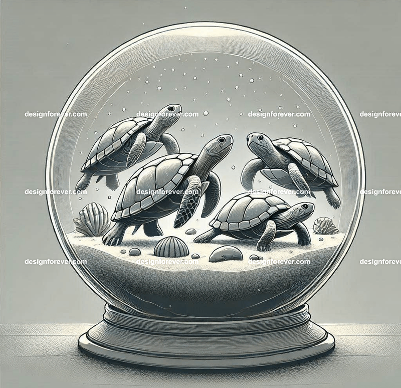 Turtles within glass bowl like a snow globe