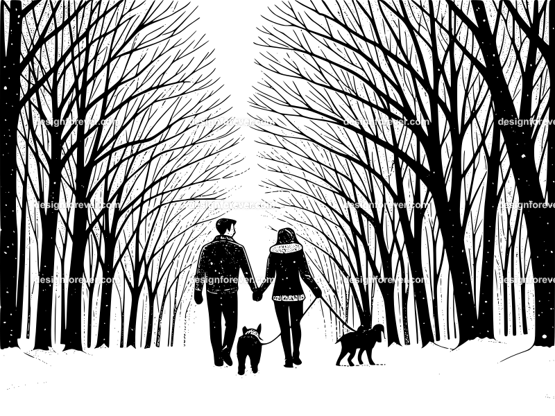 couple walking dog in winter