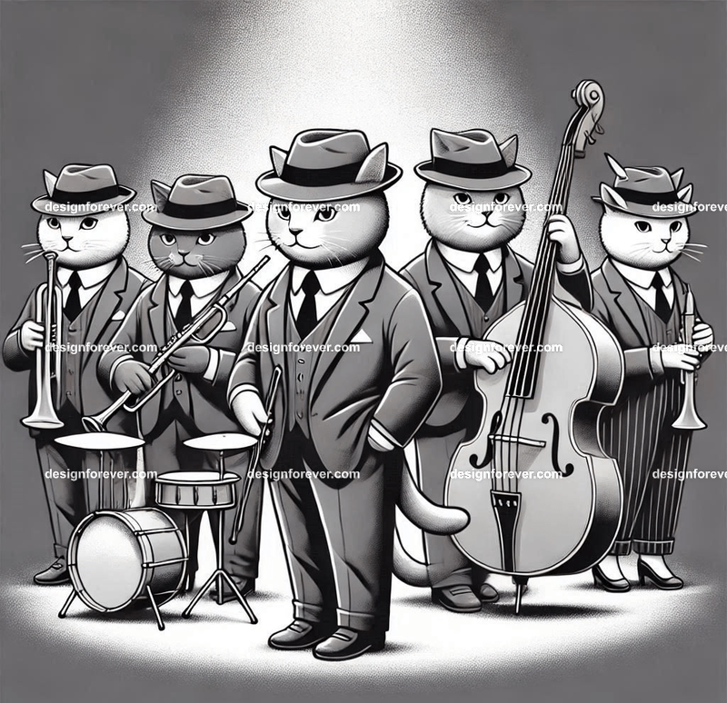 Anthropomorphs as 1920s jazz musicians with suits, fedoras, and instruments