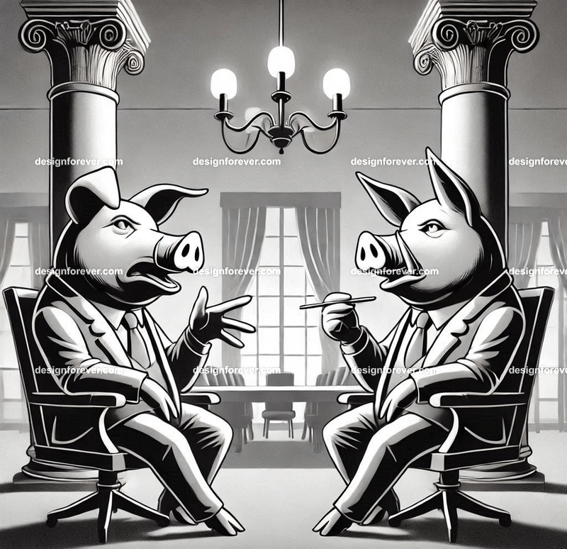 Personified pigs debating politics in a lavish setting