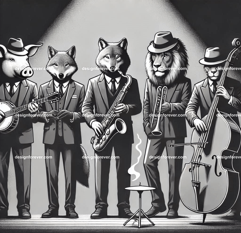 Anthropomorphs pigs and wolves and lions as 1920s jazz musicians with suits, fedoras, and instruments in dark smoky room
