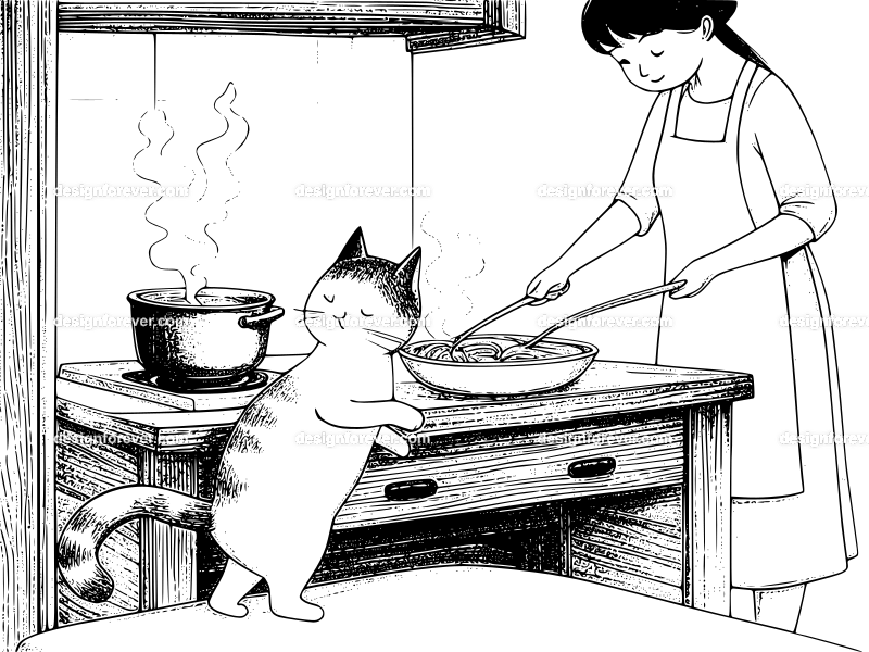 cat rubbing against housewife while she's cooking ramen in kitchen