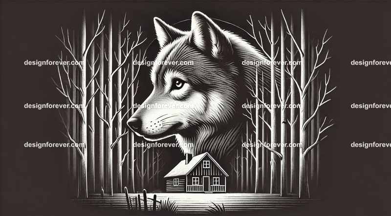 a wolf staring at cottage in woods in a creepy dark woods with dead trees
