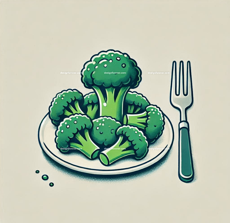 cooked broccoli on plate in style of whimsical children's book