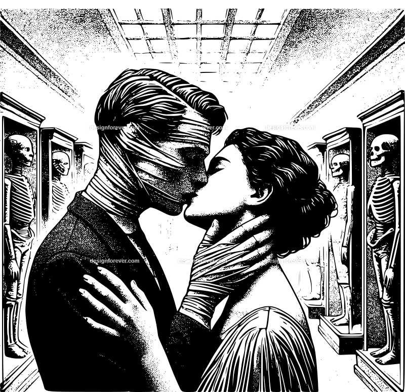 a young couple kissing in museum of mummies