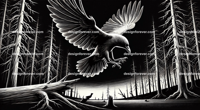 crow flying down towards its prey on ground in dark forest with dead trees