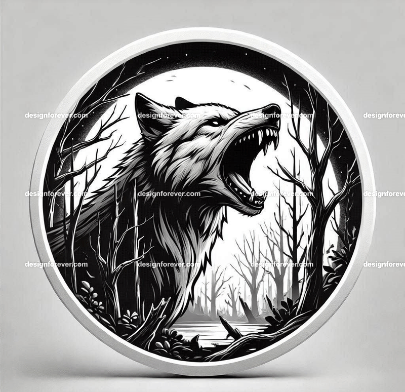 round masking frame depicting A wolf baring its teeth in a creepy forest with dead trees