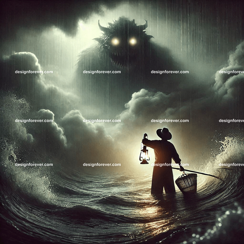 fisherman at sea with lantern peering into dark fog shape of monster Masterful photo