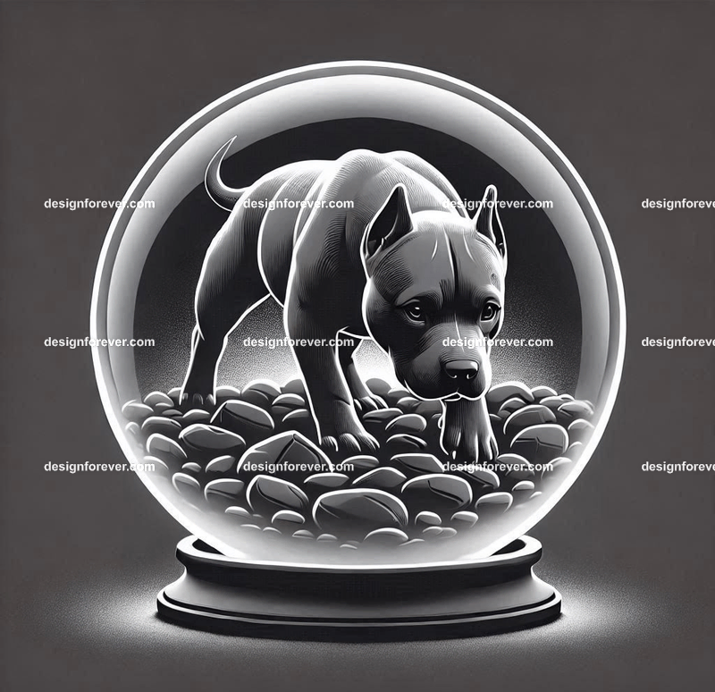 pitbull on dark pebbles inside crystal ball (no base)