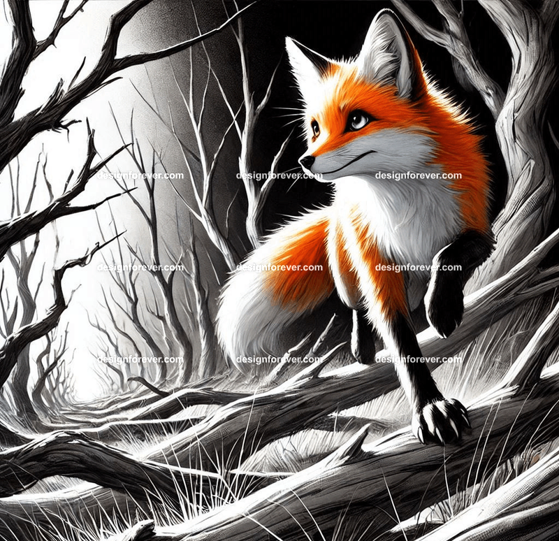 A fox navigating a creep black and white forest and dead trees