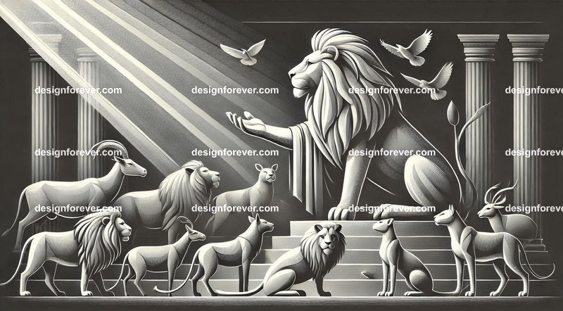 An allegorical piece where a lion king presides over a court of animals