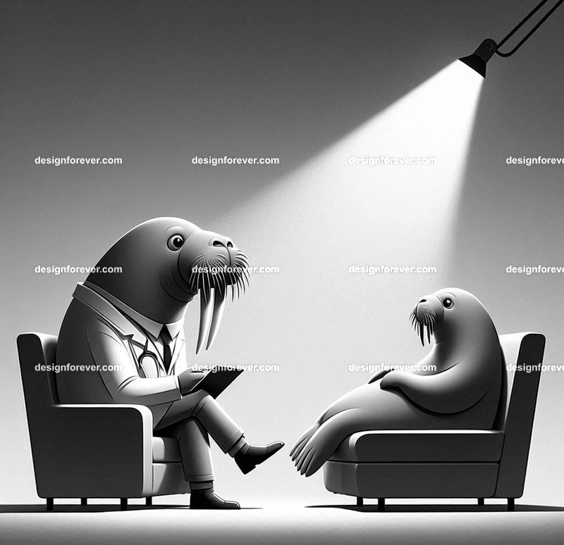 Anthropomorphs walruses as psychiatrist talking to patient on couch