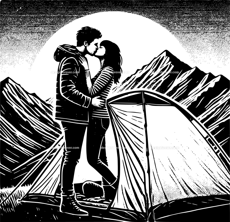 a young couple kissing in tent at night on top of mountains