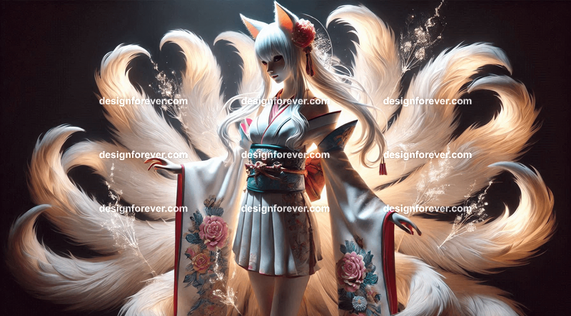 Kitsune in a silk kimono, with multiple tails glowing faintly, surrounded by mystical foxfire