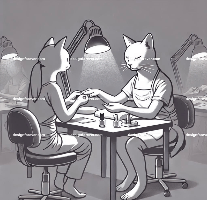 Anthropomorphs cats doing nails in nail salon for people