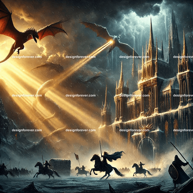 Storm dragons assaulting palace defended by mages in winter